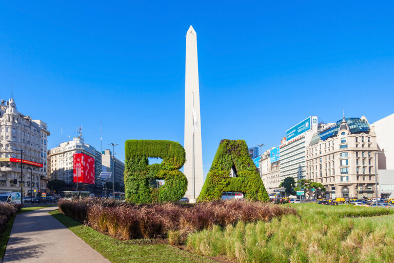 BUENOS AIRES, ARGENTINA - APRIL 14, 2016: Buenos Aires sign and Obelisco in Buenos Aires in Argentina. The Obelisk of Buenos Aires is a national historic monument and icon of Buenos Aires.